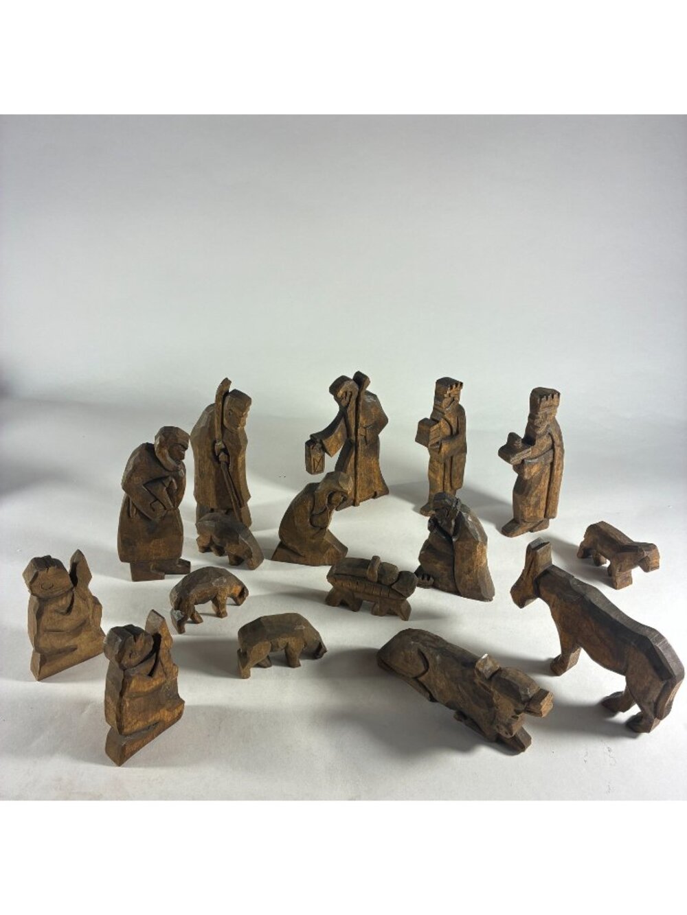 VTG Nativity Set Of 17pc Bethlehem Manger Hand Carved Rustic - Signed 1975